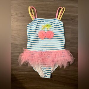 Kate Mack Blue and Pink Striped Kids Swim One Piece with cherries size 5T Girls